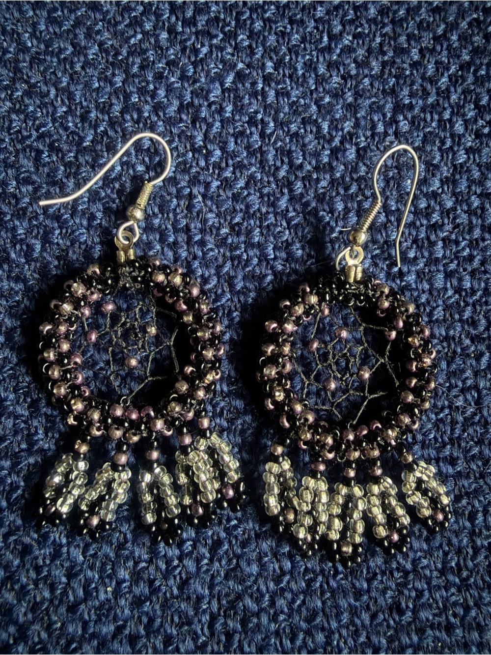 Handcrafted Black and Purple Beaded Dreamcatcher Drop Earrings